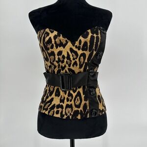 Y2K 2000s Leopard Tube Top Built In Bra Smocked Back Satin Belt Cotton Wms Small